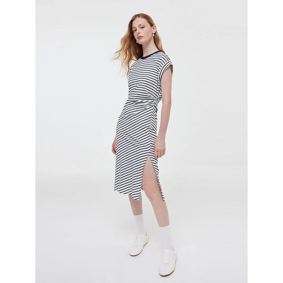 Goelia Navy Stripe Cap Sleeve Crewneck Side Slit Dress NWT - Picture 6 of 11